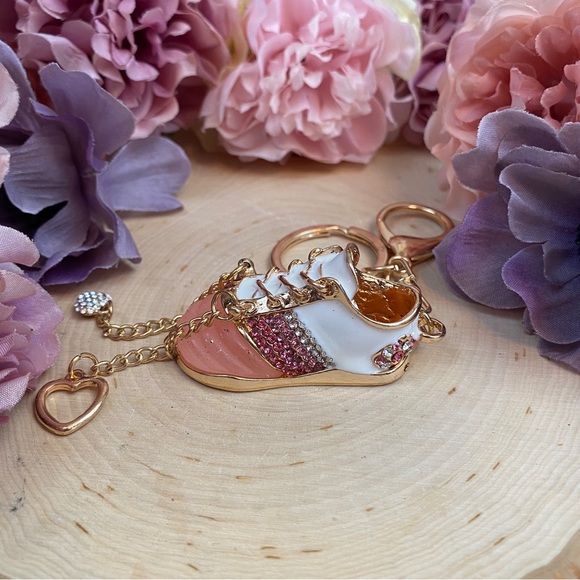 Pink and White Baby Tennis Shoe Crystal Keychain Charm - Picture 6 of 10